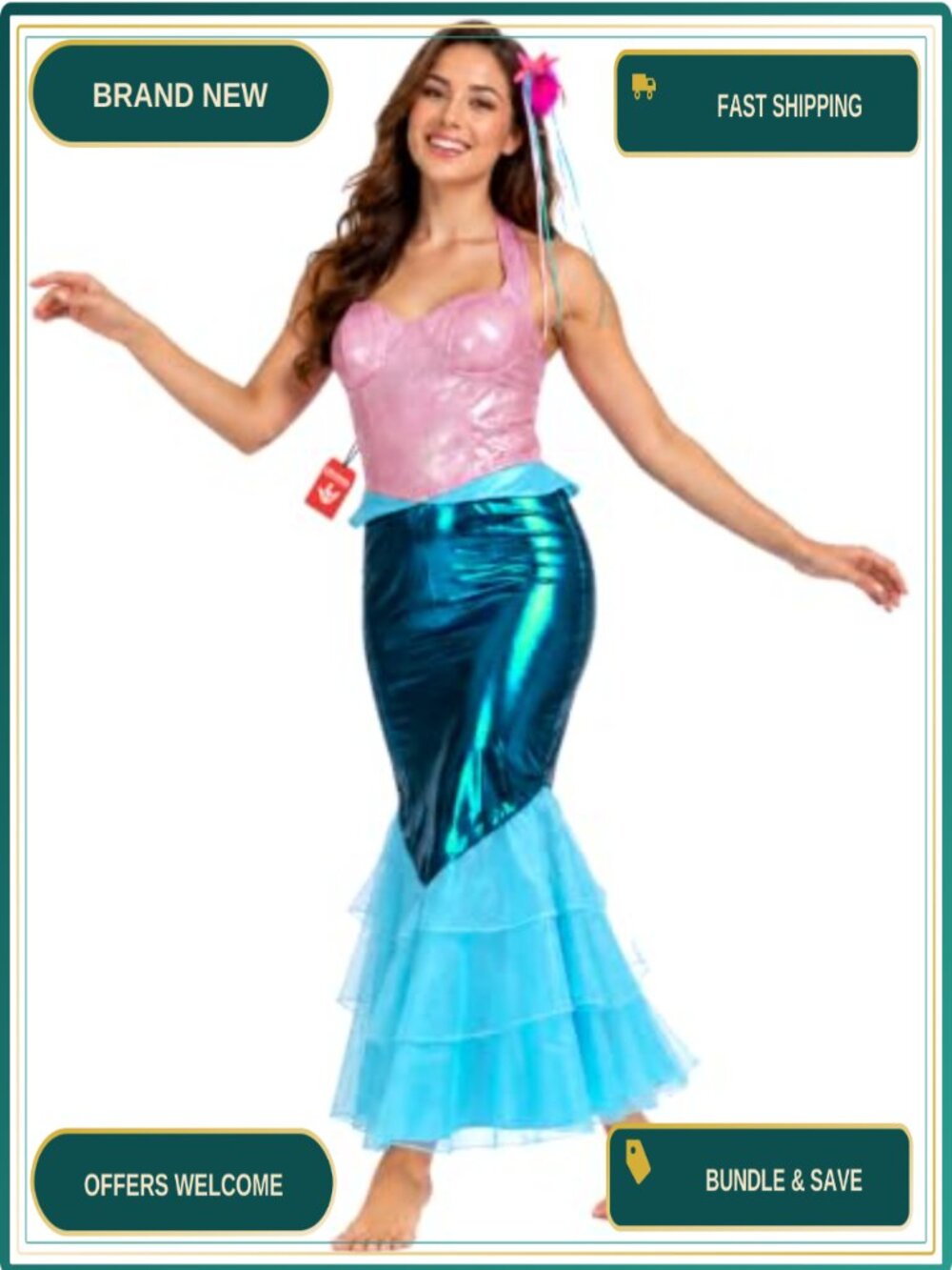 Mermaid Costume Women Fishtail Dress Headband Halloween Party